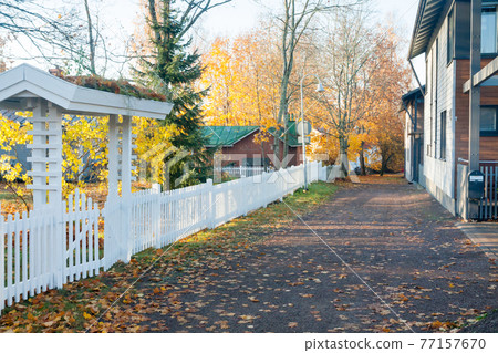 KOUVOLA, FINLAND - OCTOBER 15, 2018: Beautiful autumn in old rustic museum district of Kouvola - Kaunisnurmi KOUVOLA, FINLAND - OCTOBER 15, 2018: Beautiful autumn in old rustic museum district of Kouvola - Kaunisnurmi 77157670