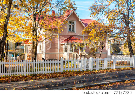 KOUVOLA, FINLAND - OCTOBER 10, 2018: Beautiful autumn in old rustic museum district of Kouvola - Kaunisnurmi KOUVOLA, FINLAND - OCTOBER 10, 2018: Beautiful autumn in old rustic museum district of Kouvola - Kaunisnurmi 77157726