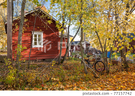KOUVOLA, FINLAND - OCTOBER 10, 2018: Beautiful autumn in old rustic museum district of Kouvola - Kaunisnurmi KOUVOLA, FINLAND - OCTOBER 10, 2018: Beautiful autumn in old rustic museum district of Kouvola - Kaunisnurmi 77157742