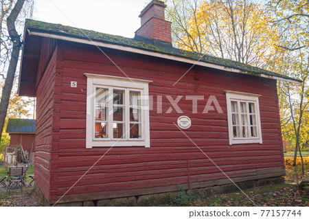 KOUVOLA, FINLAND - OCTOBER 10, 2018: Beautiful autumn in old rustic museum district of Kouvola - Kaunisnurmi 77157744