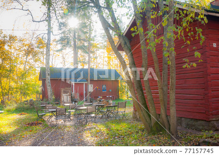 KOUVOLA, FINLAND - OCTOBER 10, 2018: Beautiful autumn in old rustic museum district of Kouvola - Kaunisnurmi 77157745