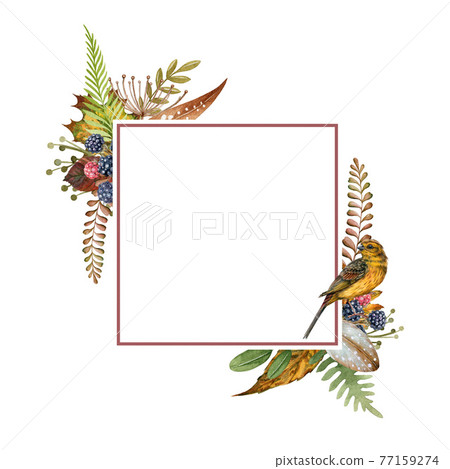 Floral natural autumn frame. Bunting bird fall decoration. Hand drawn rustic elegant frame. Festive thanksgiving decor. Watercolor countryside boho style decor of fern, forest herbs, leaves, feathers Floral natural autumn frame. Bunting bird fall decoration. Hand drawn rustic elegant frame. Festive thanksgiving decor. Watercolor countryside boho style decor of fern, forest herbs, leaves, feathers 77159274