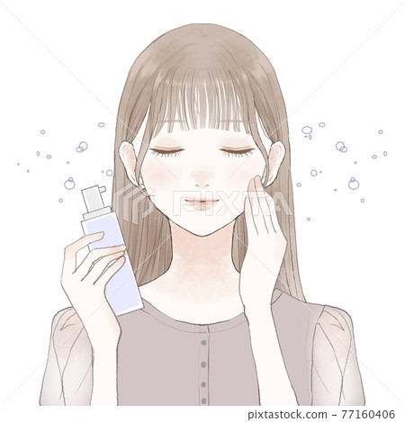 A woman who sprinkles mist-type lotion on her face 77160406