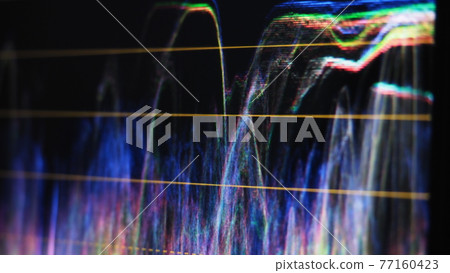 Color grading indicator graph on screen. RGB colour correction graphic bar on monitor in post production process. Telecine stage in video or film production processing. for colorist digital grading. 77160423