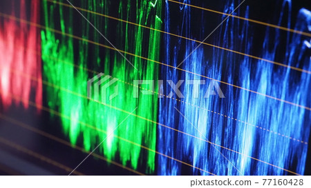 Color grading indicator graph on screen. RGB colour correction graphic bar on monitor in post production process. Telecine stage in video or film production processing. for colorist digital grading. 77160428