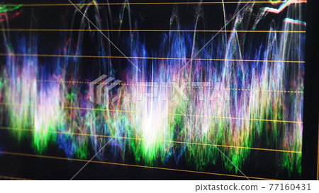 Color grading indicator graph on screen. RGB colour correction graphic bar on monitor in post production process. Telecine stage in video or film production processing. for colorist digital grading. 77160431