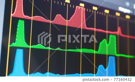 Color grading indicator graph on screen. RGB colour correction graphic bar on monitor in post production process. Telecine stage in video or film production processing. for colorist digital grading. 77160432