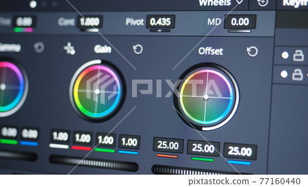 Color grading indicator graph on screen. RGB colour correction graphic bar on monitor in post production process. Telecine stage in video or film production processing. for colorist digital grading. 77160440