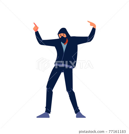 Radical Protestant in the mask represents the protesters against the authorities among the burning street fighting. Cartoon flat character vector illustration on a white background 77161183