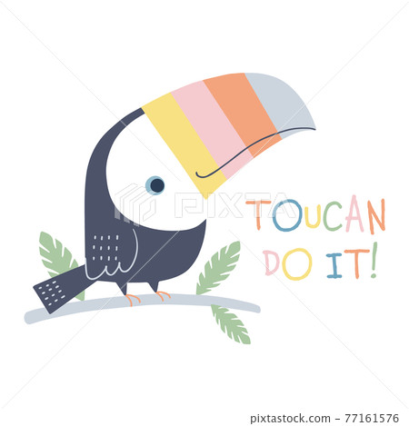 Illustration of a cute colorful beak toucan perched on a branch 77161576