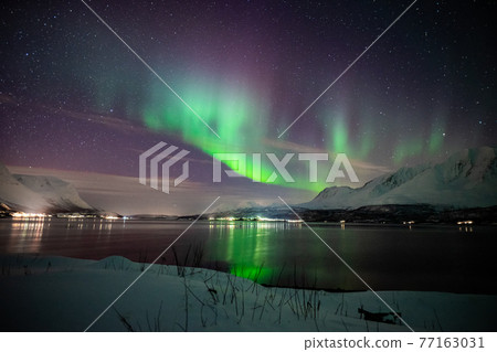 A gentle aurora floating in the fjord dances A gentle aurora floating in the fjord dances 77163031