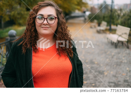 enjoying walk happy plus size woman body positive 77163784