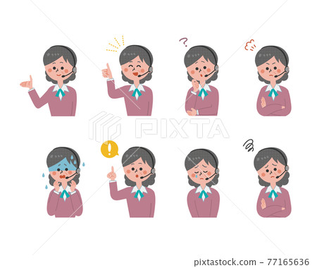 設置有各種面部表情的女性操作員 設置有各種面部表情的女性操作員 77165636