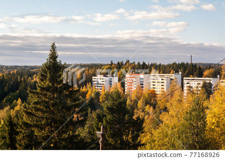 Beautiful top view from above of city Kouvola at sunset. Autumn day, Finland Beautiful top view from above of city Kouvola at sunset. Autumn day, Finland 77168926