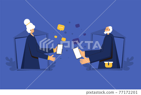 Online dating communication. Remote relationship. Senior man and woman portraits with frames texting a messages to each other. Virtual smartphone date, love. 77172201