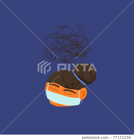 Depression. Portrait of woman with some mental issues. Female person with lot of confusing thoughts. Young lady with bad mood. Person with special needs. Vector icon illustration. Depression. Portrait of woman with some mental issues. Female person with lot of confusing thoughts. Young lady with bad mood. Person with special needs. Vector icon illustration. 77172256