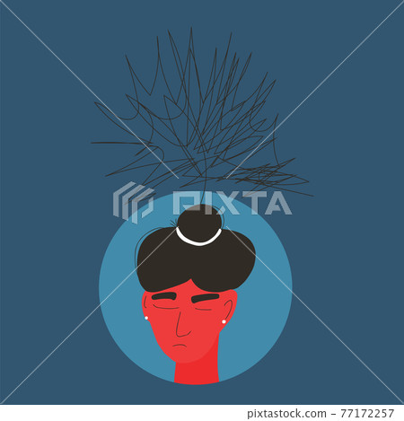 Depression. Portrait of woman with some mental issues. Female person with lot of confusing thoughts. Young lady with bad mood. Person with special needs. Vector icon illustration. Depression. Portrait of woman with some mental issues. Female person with lot of confusing thoughts. Young lady with bad mood. Person with special needs. Vector icon illustration. 77172257
