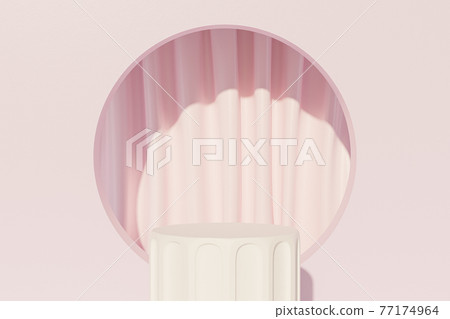 White pillar podium or pedestal for products or advertising near to pink curtains, minimal 3d illustration render 77174964