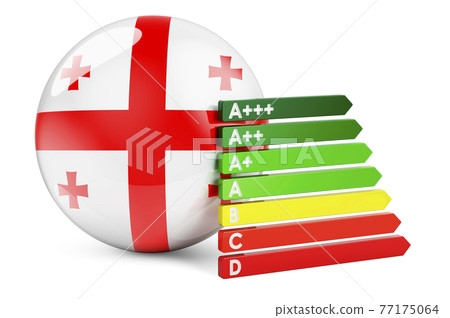 Georgian flag with energy efficiency rating. Performance certificates in Georgia concept. 3D rendering Georgian flag with energy efficiency rating. Performance certificates in Georgia concept. 3D rendering 77175064