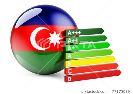Azerbaijani flag with energy efficiency rating. Performance certificates in Azerbaijan concept. 3D rendering Azerbaijani flag with energy efficiency rating. Performance certificates in Azerbaijan concept. 3D rendering 77175089