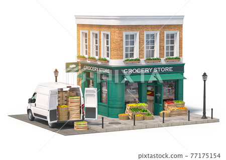 Grocery store shop in vintage style with delivery van, fruit and vegetables crates on the street. Grocery store shop in vintage style with delivery van, fruit and vegetables crates on the street. 77175154