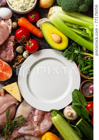 Healthy eating. Keto concept, ingredients for Ketogenic diet. Various balanced useful components healthy low carbohydrate foods. Copy space. 77176056