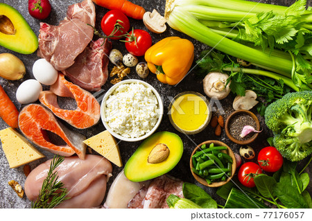 Healthy eating. Keto concept, ingredients for Ketogenic diet. Various balanced useful components healthy low carbohydrate foods. 77176057