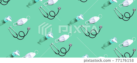 Prevent Covid-19 theme objects overhead view Prevent Covid-19 theme objects overhead view 77176158