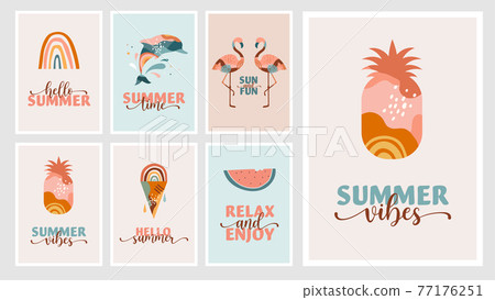 Bohemian Summer, modern summer illustrations and cards design with rainbow, flamingo, pineapple, ice 77176251