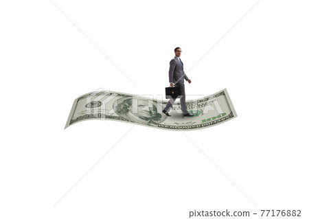 Businessman flying on hundred dollar banknote 77176882