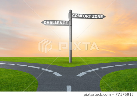 Choosing between leaving comfort zone or not - 3d rendering Choosing between leaving comfort zone or not - 3d rendering 77176915