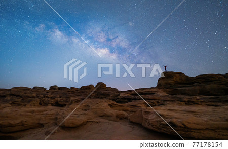 Sam Phan Bok with milky way and stars at night, Ubon Ratchathani, Thailand. Dry rock reef in the Mekong River with mountain hills. Nature landscape background. Grand Canyon of Thailand. 77178154