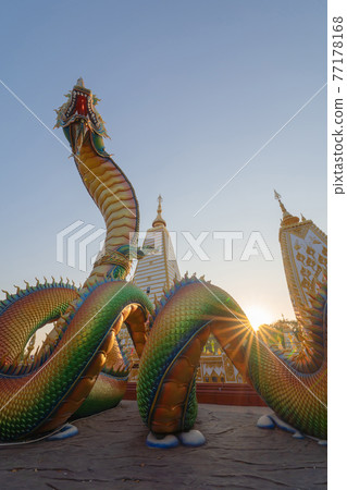Serpent statue sculpture of chedi stupa pagoda Buddhism in Wat Phra That Nong Bua Dhammyuttika temple, Ubon Ratchathani district, Thailand. 77178168