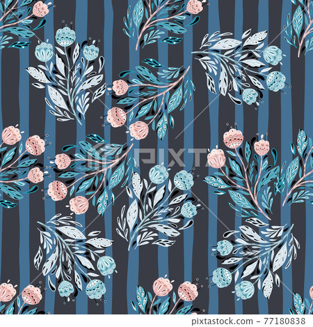 Botanic seamless pattern with random folk flowers silhouettes print. Striped blue background. Botanic seamless pattern with random folk flowers silhouettes print. Striped blue background. 77180838