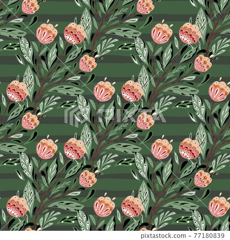 Abstract botanic nature seamless pattern with pink folk bouquet ornament. Green background with strips. Abstract botanic nature seamless pattern with pink folk bouquet ornament. Green background with strips. 77180839