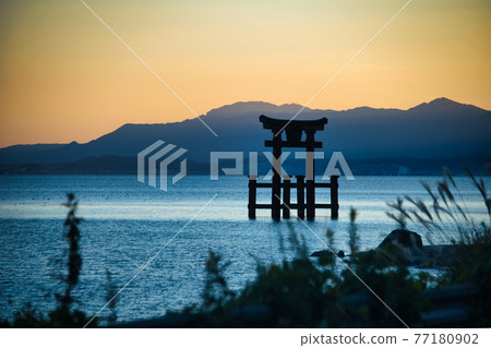 Red-painted torii Shirahige Shrine floating on Lake Biwa 77180902