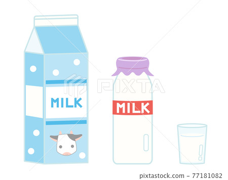 杯子裡的牛奶和牛奶盒和瓶子裡的牛奶的插圖 77181082