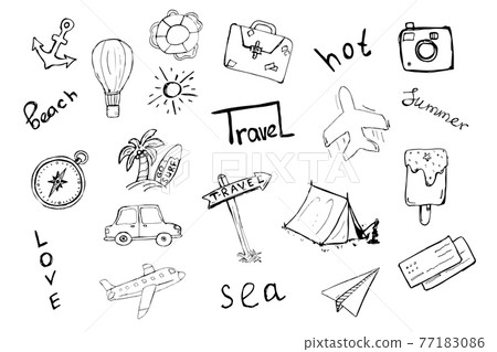 Set of icons drawn by hand on the theme of travel. Set of icons drawn by hand on the theme of travel. 77183086