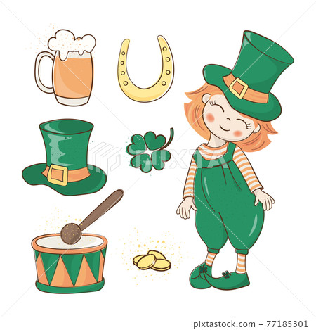 PATRICK HOLIDAY Red Haired Leprechaun Boy In Green Hat And Other Attributes Saint Patrick Day Cartoon Clip Art Vector Illustration Set For Print PATRICK HOLIDAY Red Haired Leprechaun Boy In Green Hat And Other Attributes Saint Patrick Day Cartoon Clip Art Vector Illustration Set For Print 77185301