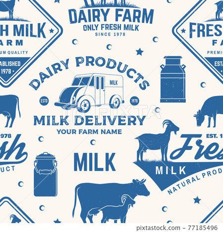 Milk farm seamless pattern or background. Vector Seamless dairy farm pattern with cow, goat, milk can silhouette. Texture for dairy and milk farm business - shop, market, packaging and menu 77185496