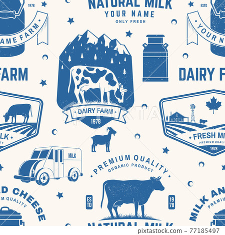 Milk farm seamless pattern or background. Vector Seamless dairy farm pattern with cow, goat, milk can silhouette. Texture for dairy and milk farm business - shop, market, packaging and menu 77185497