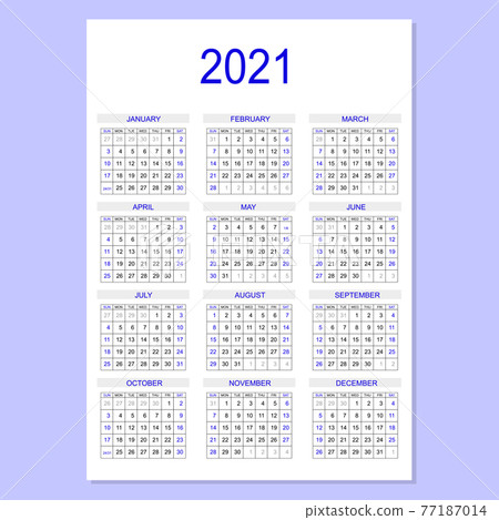 2021 calendar planner. Corporate week. Template layout, 12 months yearly, white background. Simple design for business brochure, flyer, print media, advertisement. Week starts from Sunday. A4 size. 2021 calendar planner. Corporate week. Template layout, 12 months yearly, white background. Simple design for business brochure, flyer, print media, advertisement. Week starts from Sunday. A4 size. 77187014