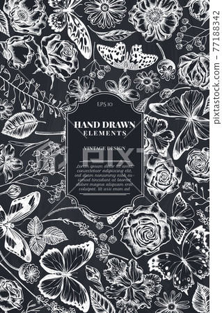 Card design with chalk shepherd's purse, heather, iris japonica, sakura, gypsophila, chamomile 77188342