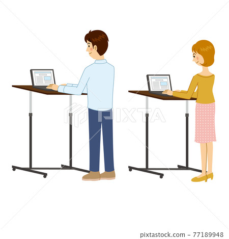Men and women using a stand desk Men and women using a stand desk 77189948