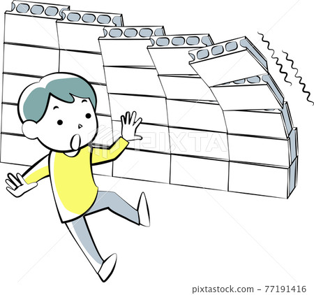 A block wall that collapses due to an earthquake and a surprised man 77191416