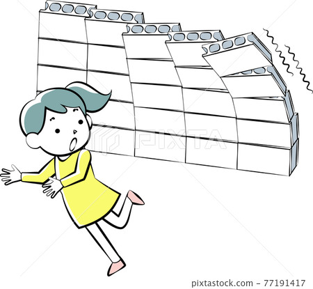 A block wall collapsed by an earthquake and a surprised woman 77191417