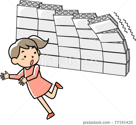 A block wall collapsed by an earthquake and a surprised woman A block wall collapsed by an earthquake and a surprised woman 77191420