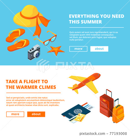 Banners of summer time. Isometric illustrations of summer travelling Banners of summer time. Isometric illustrations of summer travelling 77193008