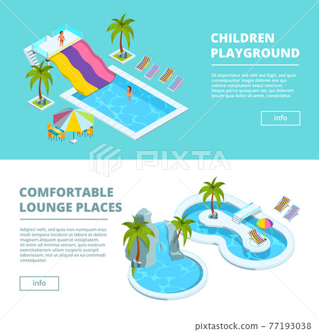 Horizontal banners with isometric pictures of water park and kids playgrounds Horizontal banners with isometric pictures of water park and kids playgrounds 77193038