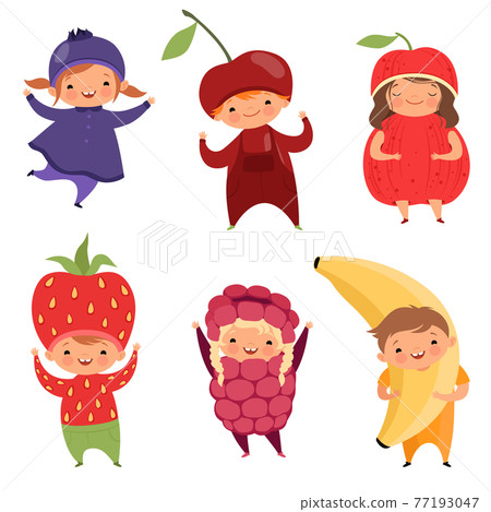 Fruits costumes. Carnival clothes for children. Funny kids in fruit fancy dresses on white 77193047